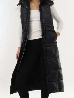 Long Black Shiny Puffer Vest with Hood